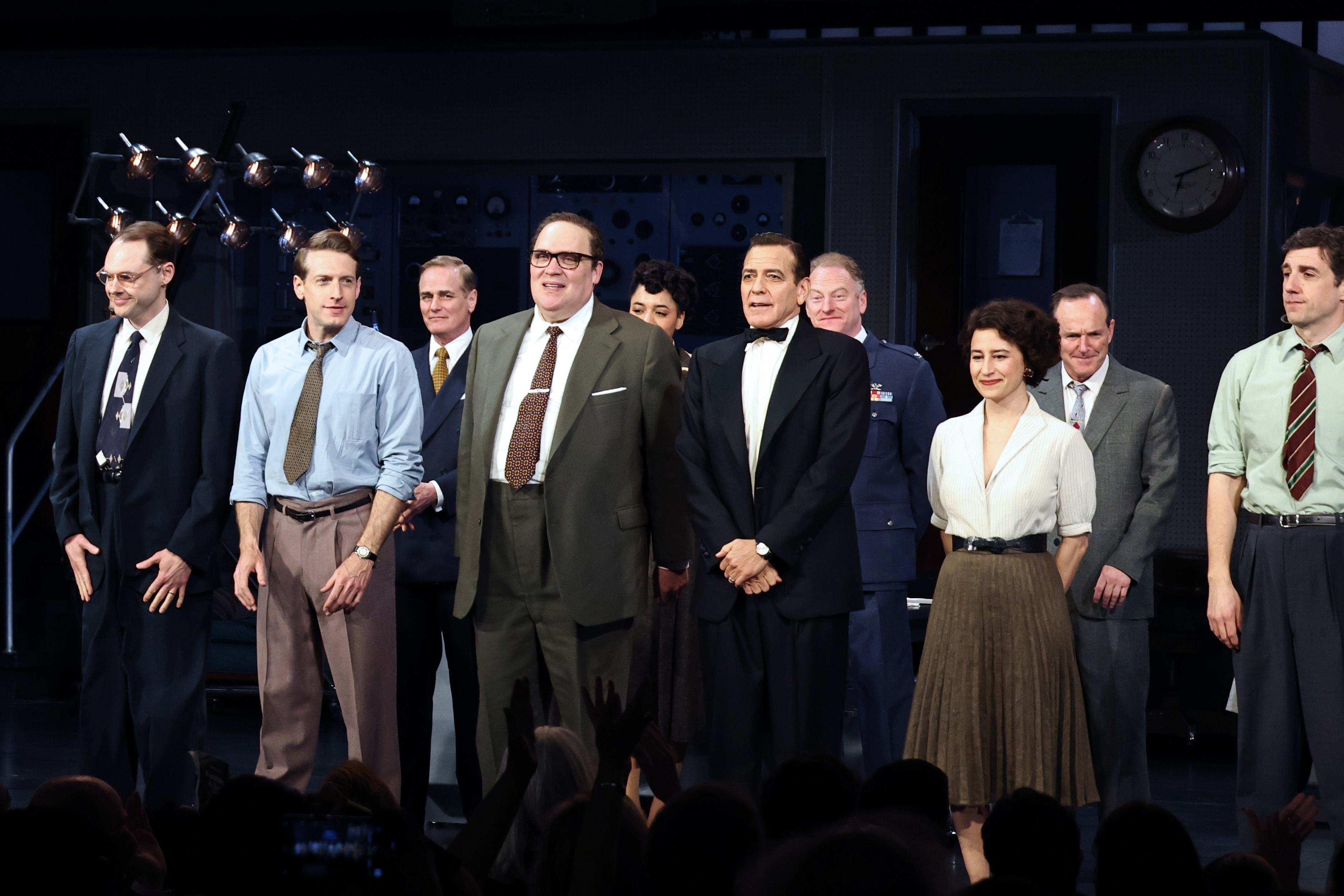 George Clooney celebrates with a cast on stage during curtain call for 'Good Night, And Good Luck' Broadway Opening Night at Winter Garden Theatre.