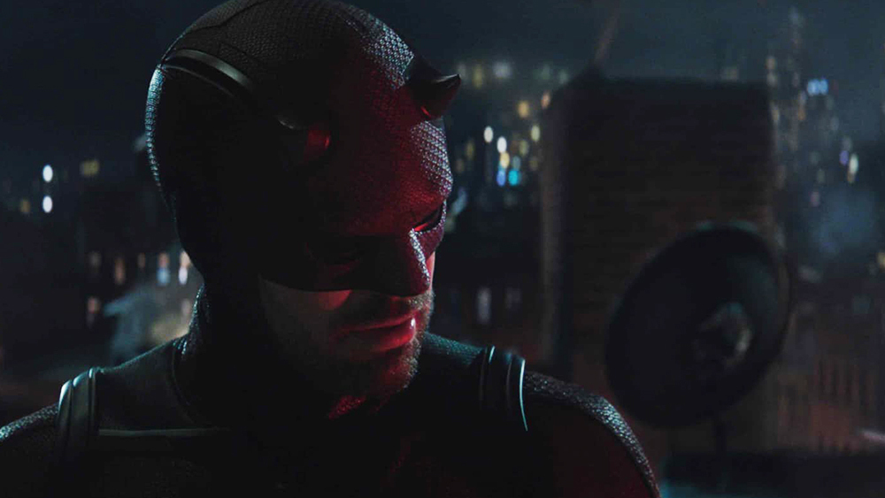 Matt Murdock (Charlie Vox) in the Daredevil mask on top of a building in 'Daredevil: Born Again'