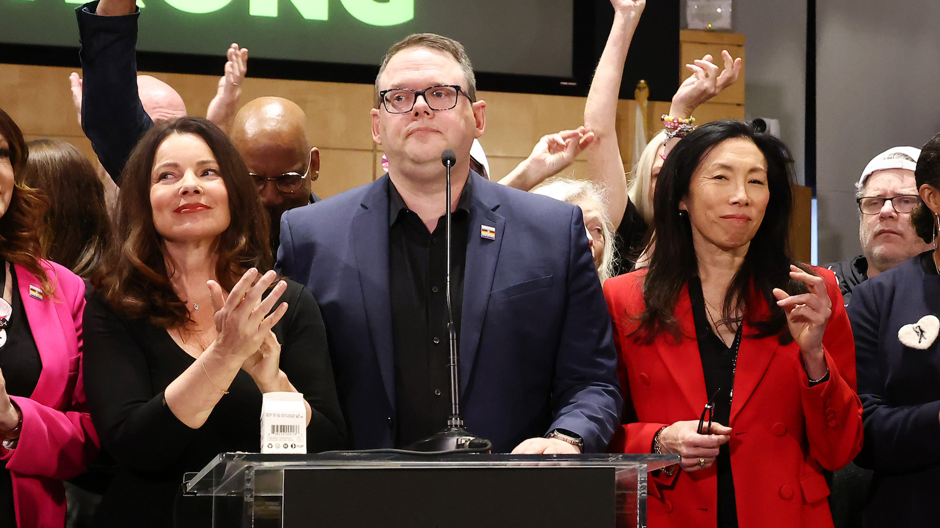 SAG-AFTRA President Fran Drescher and National Executive Director, Chief Negotiator Duncan Crabtree-Ireland and the TV/Theatrical Negotiating Committee members at the SAG-AFTRA press conference