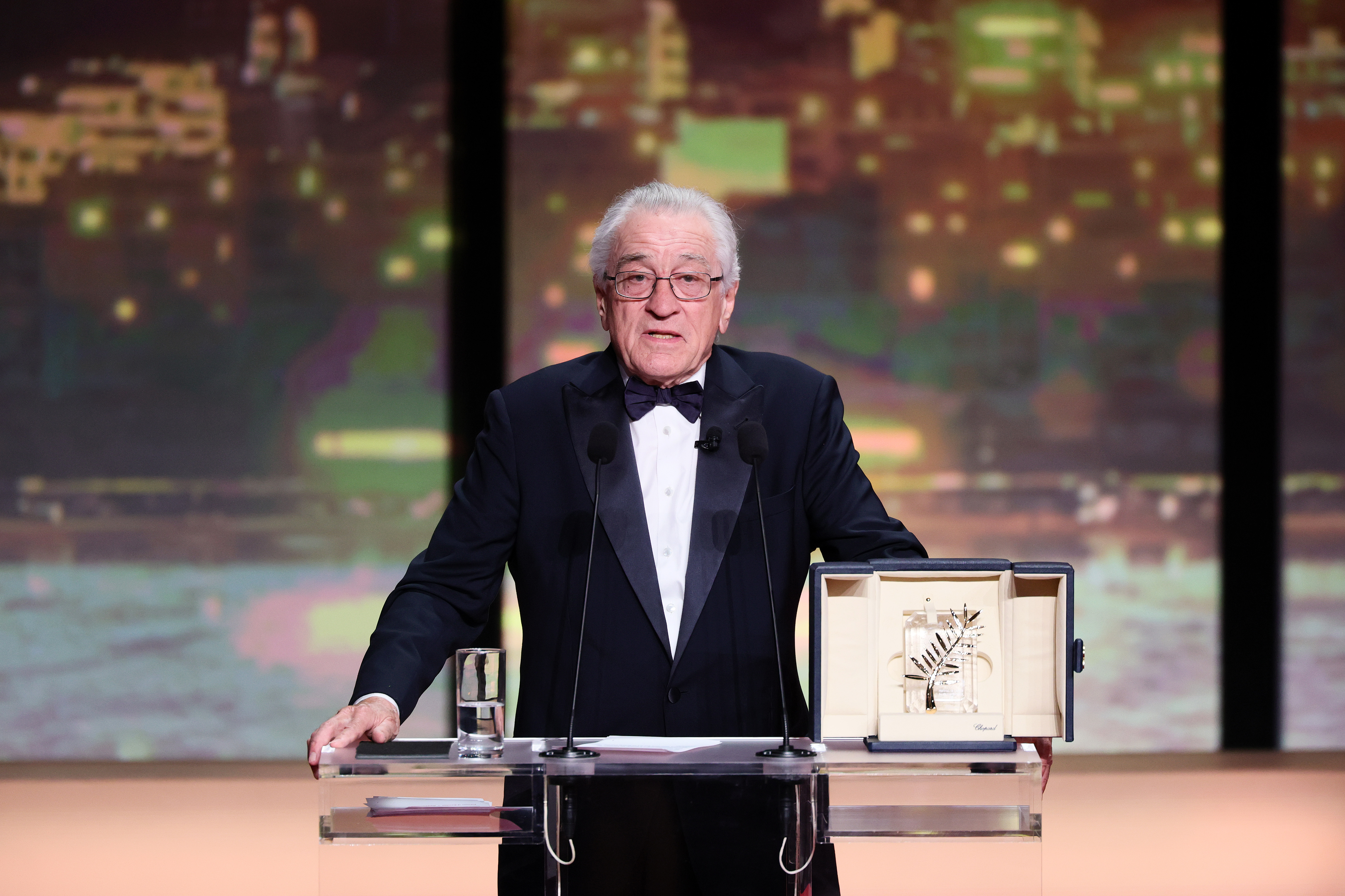 CANNES, FRANCE - MAY 13: Robert De Niro accepts the honorary Palme d'Or onstage during the opening ceremony at the 78th annual Cannes Film Festival at the Palais de Festival on May 13, 2025 in Cannes, France. (Photo by Andreas Rentz/Getty Images)
