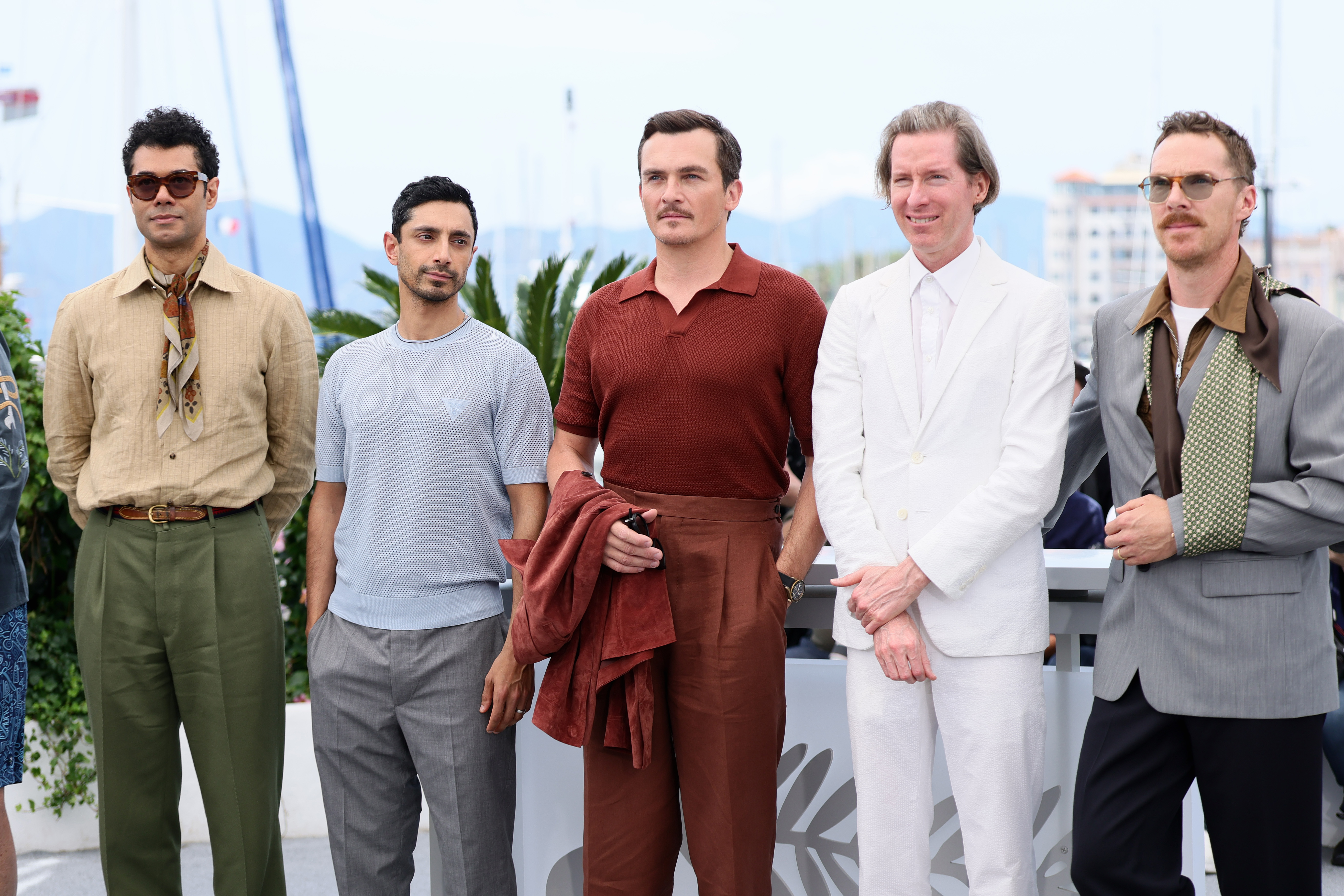 CANNES, FRANCE - MAY 19: Richard Ayoade, Riz Ahmed, Rupert Friend, Wes Anderson and Benedict Cumberbatch pose during "The Phoenician Scheme" photocall at the 78th annual Cannes Film Festival at Palais des Festivals on May 19, 2025 in Cannes, France. (Photo by Andreas Rentz/Getty Images)