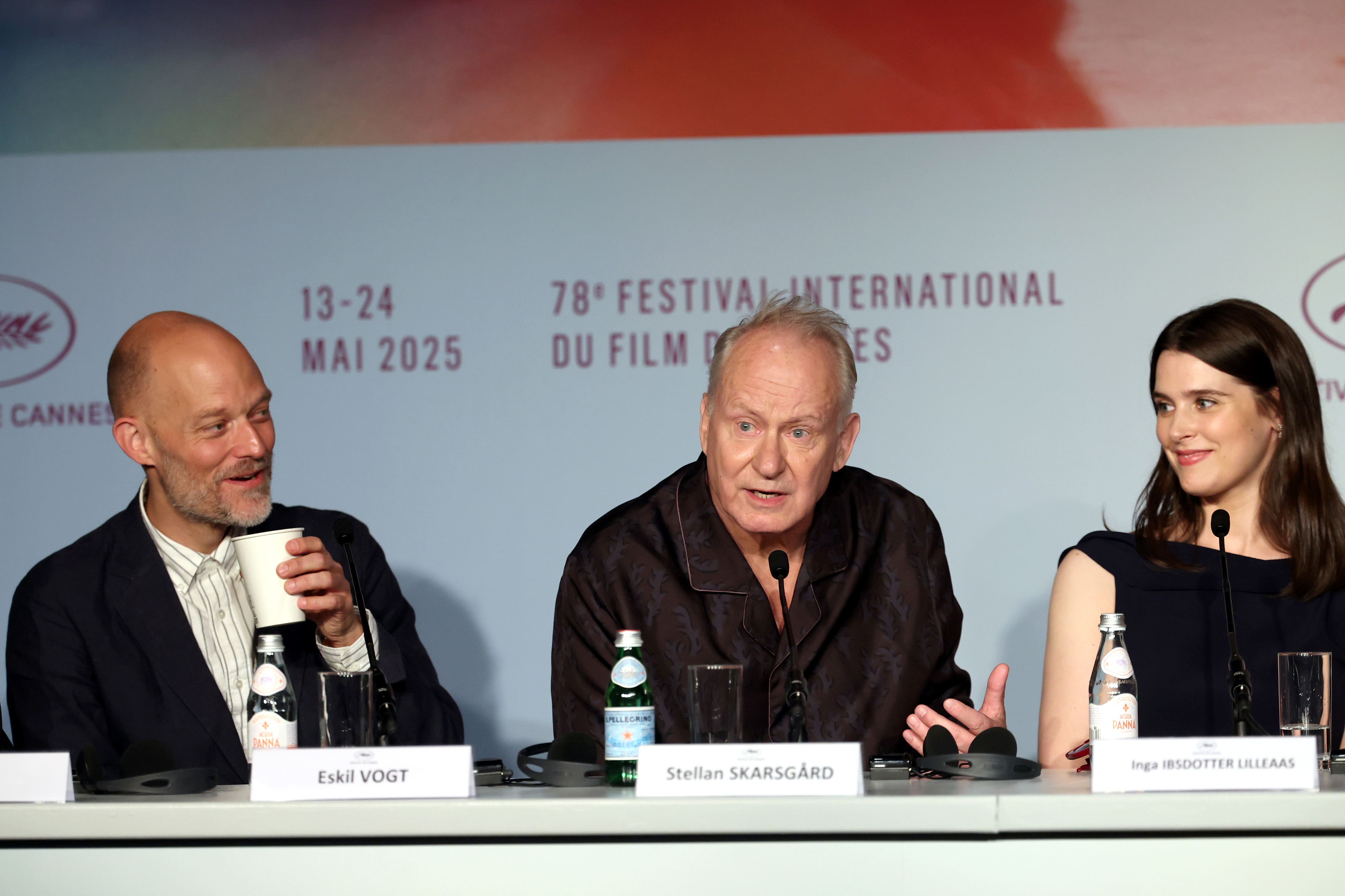 CANNES, FRANCE - MAY 22: Eskil Vogt, Stellan Skarsgård and Inga Ibsdotter Lilleaas attend the "Affeksjonsverdi" (Sentimental Value) press conference at the 78th annual Cannes Film Festival at Palais des Festivals on May 22, 2025 in Cannes, France. (Photo by Mohammed Badra/Pool/Getty Images)