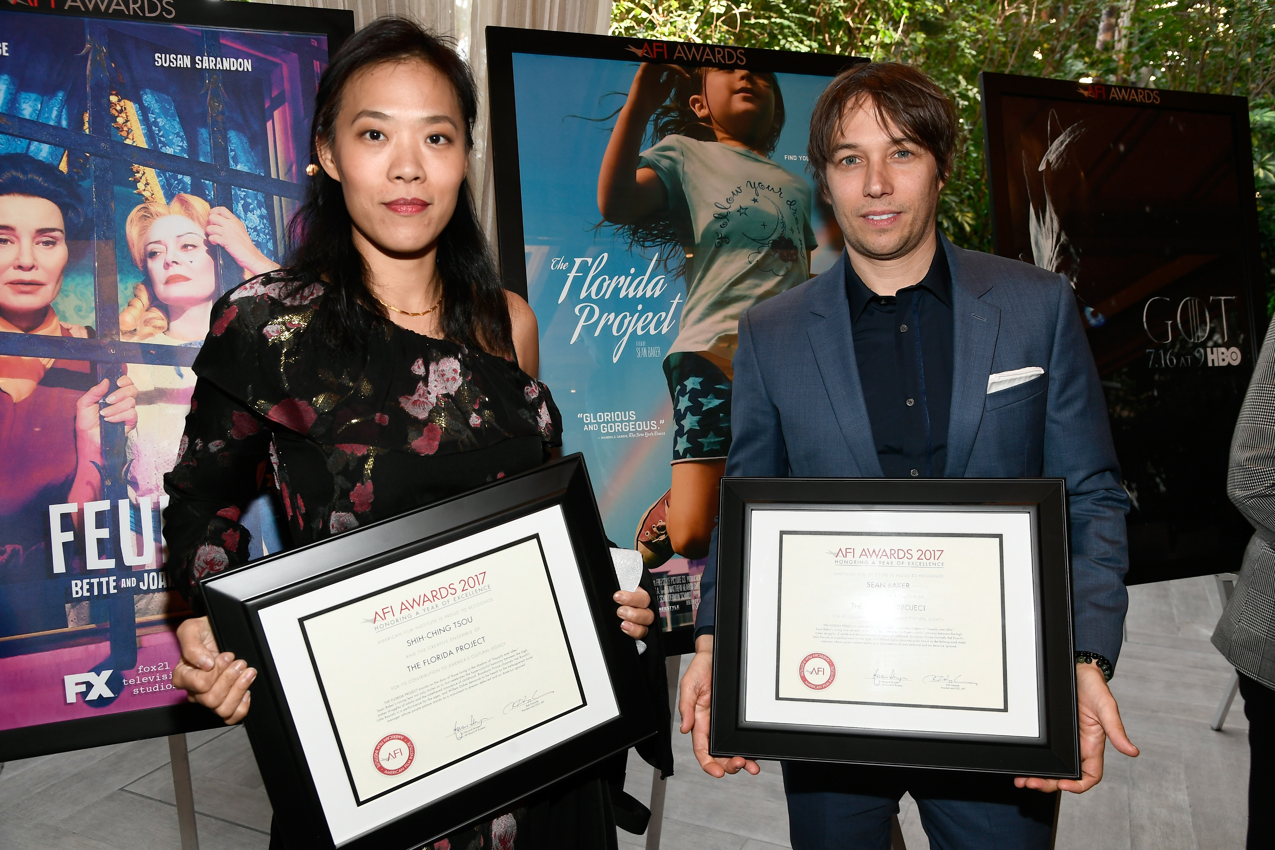 LOS ANGELES, CA - JANUARY 05: Honorees Shih-Ching Tsou (L) and Sean Baker pose with awards during 18th Annual AFI Awards at Four Seasons Hotel Los Angeles at Beverly Hills on January 5, 2018 in Los Angeles, California. (Photo by Frazer Harrison/Getty Images for AFI)