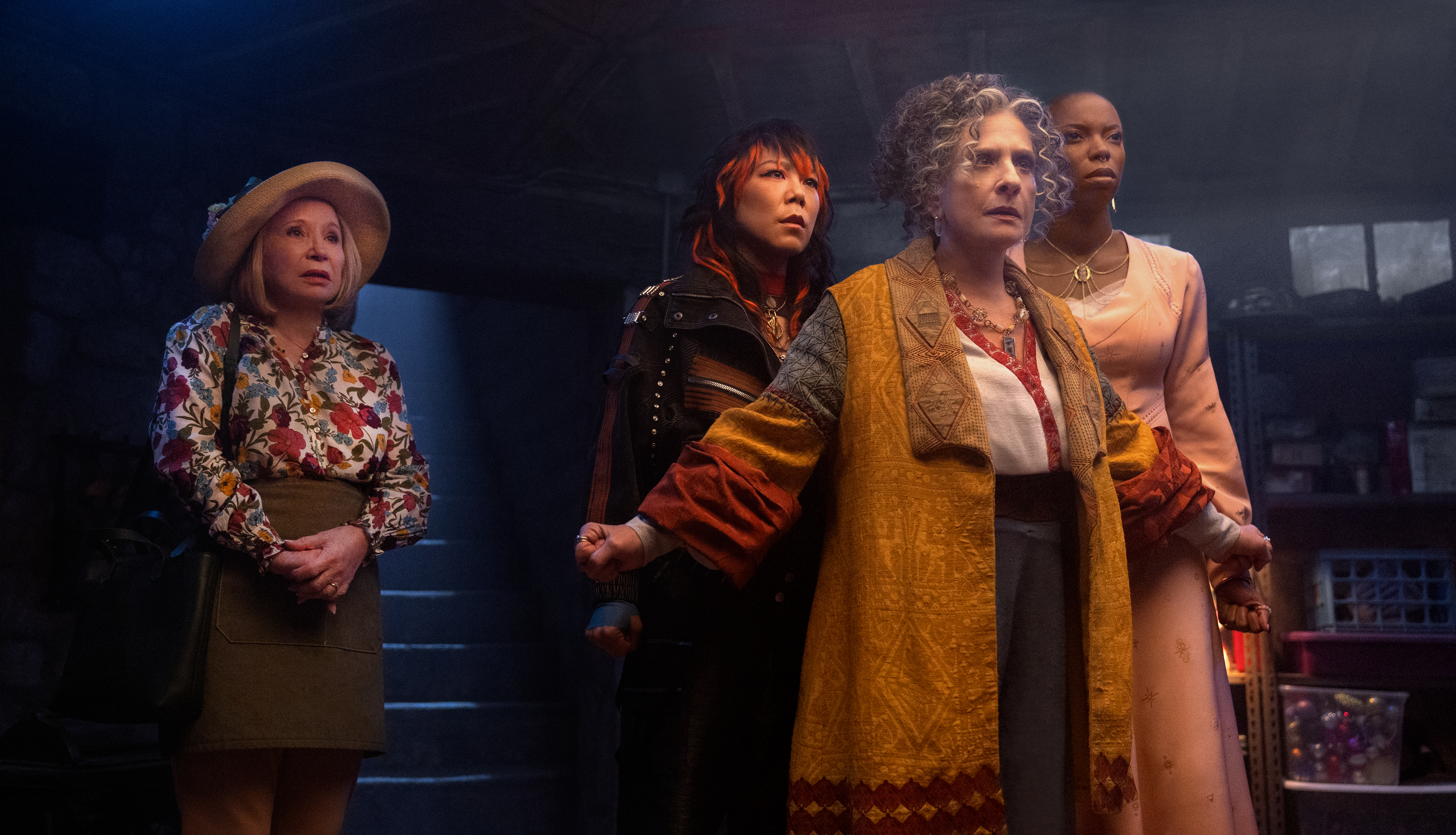 Mrs. Hart/Sharon Davis (Debra Jo Rupp), Alice Wu-Gulliver (Ali Ahn), Lilia Calderu (Patti LuPone), and Jennifer Kale (Sasheer Zamata) in Marvel Television's 'Agatha All Along', exclusively on Disney+.