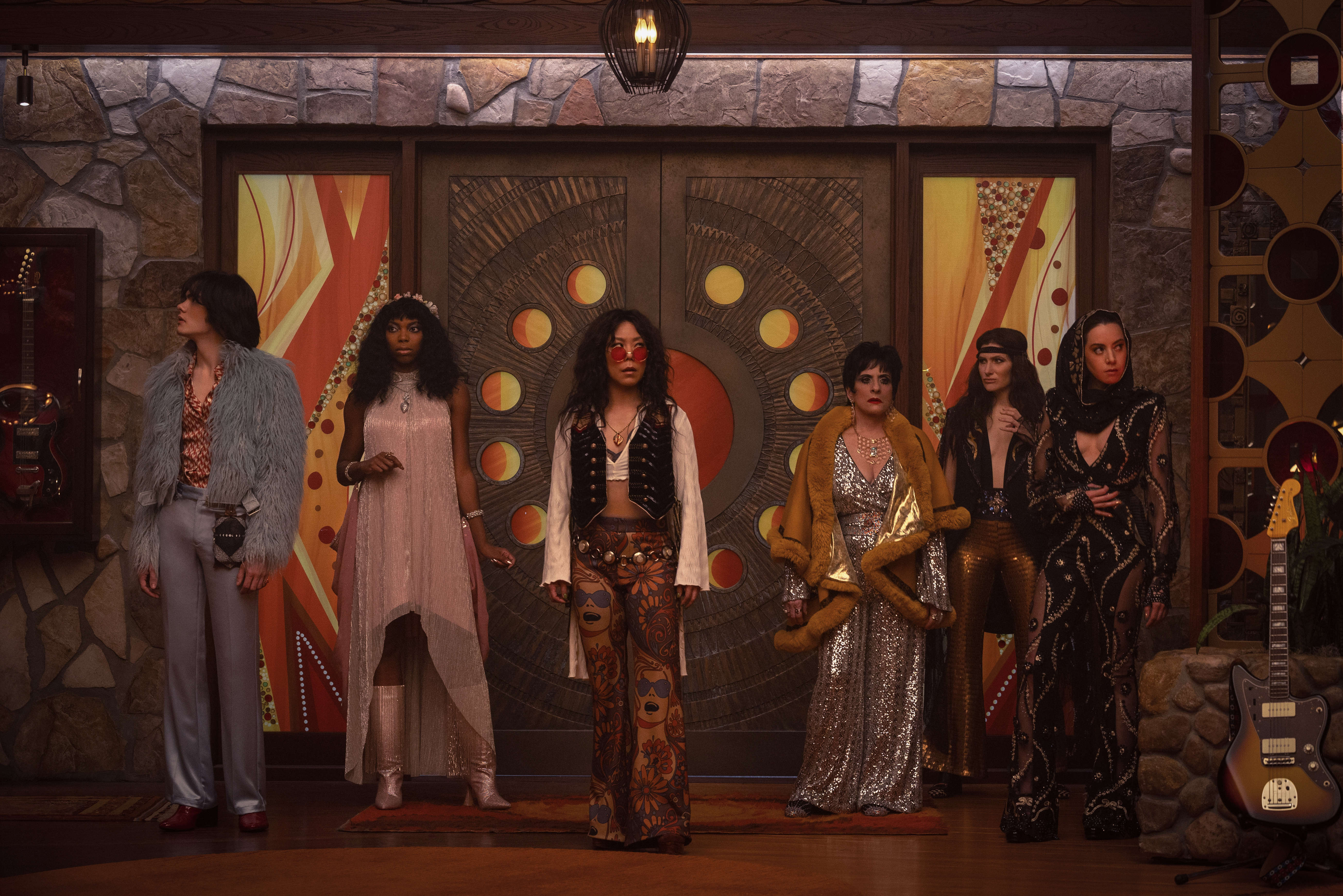 Teen (Joe Locke), Jennifer Kale (Sasheer Zamata), Alice Wu-Gulliver (Ali Ahn), Lilia Calderu (Patti LuPone), Agatha Harkness (Kathryn Hahn), and Rio Vidal (Aubrey Plaza) in Marvel Television's 'Agatha All Along', exclusively on Disney+.