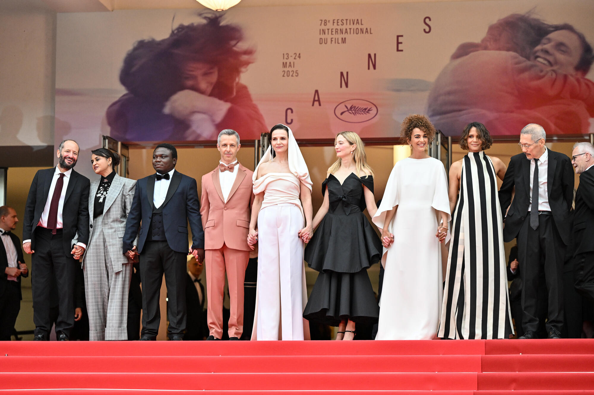 Carlos Reygadas, Payal Kapadia, Dieudo Hamadi, Jeremy Strong, Juliette Binoche, Alba Rohrwacher, Leïla Slimani, Halle Berry, Hong Sang-soo at the Opening Ceremony of the 78th Cannes Film Festival.