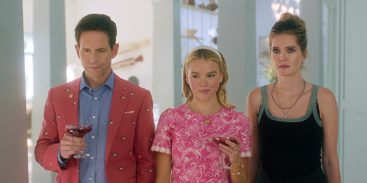 Sirens. (L to R) Glenn Howerton as Ethan, Milly Alcock as Simone, Meghann Fahy as Devon in episode 101 of Sirens. Cr. Courtesy of Netflix © 2025