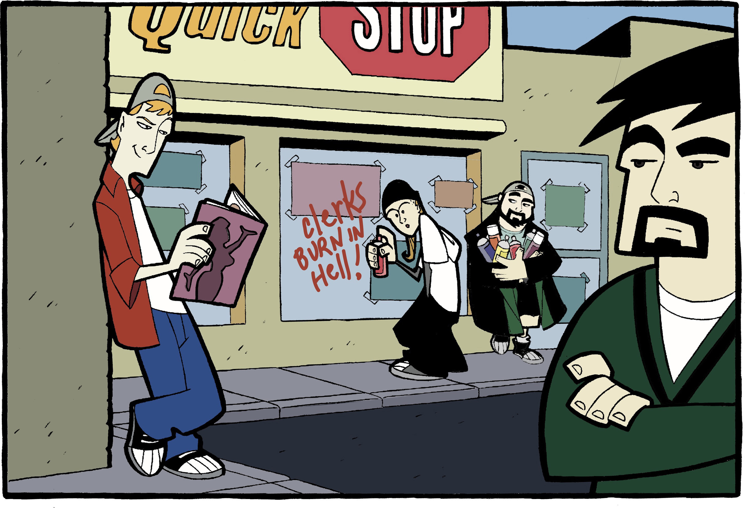 CLERKS, (l to r) Randal (Jeff Anderson), Jay (Jason Mewes), Silent Bob (Kevin Smith) Dante (Brian O'Halloran), 2000