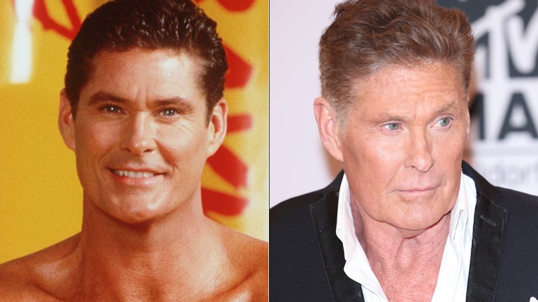 David Hasselhoff on "Baywatch" (left) and in 2022 (right)