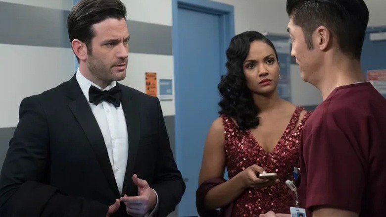 Ethan Choi, Conner Rhodes, and Robin Charles talk in "Chicago Med"