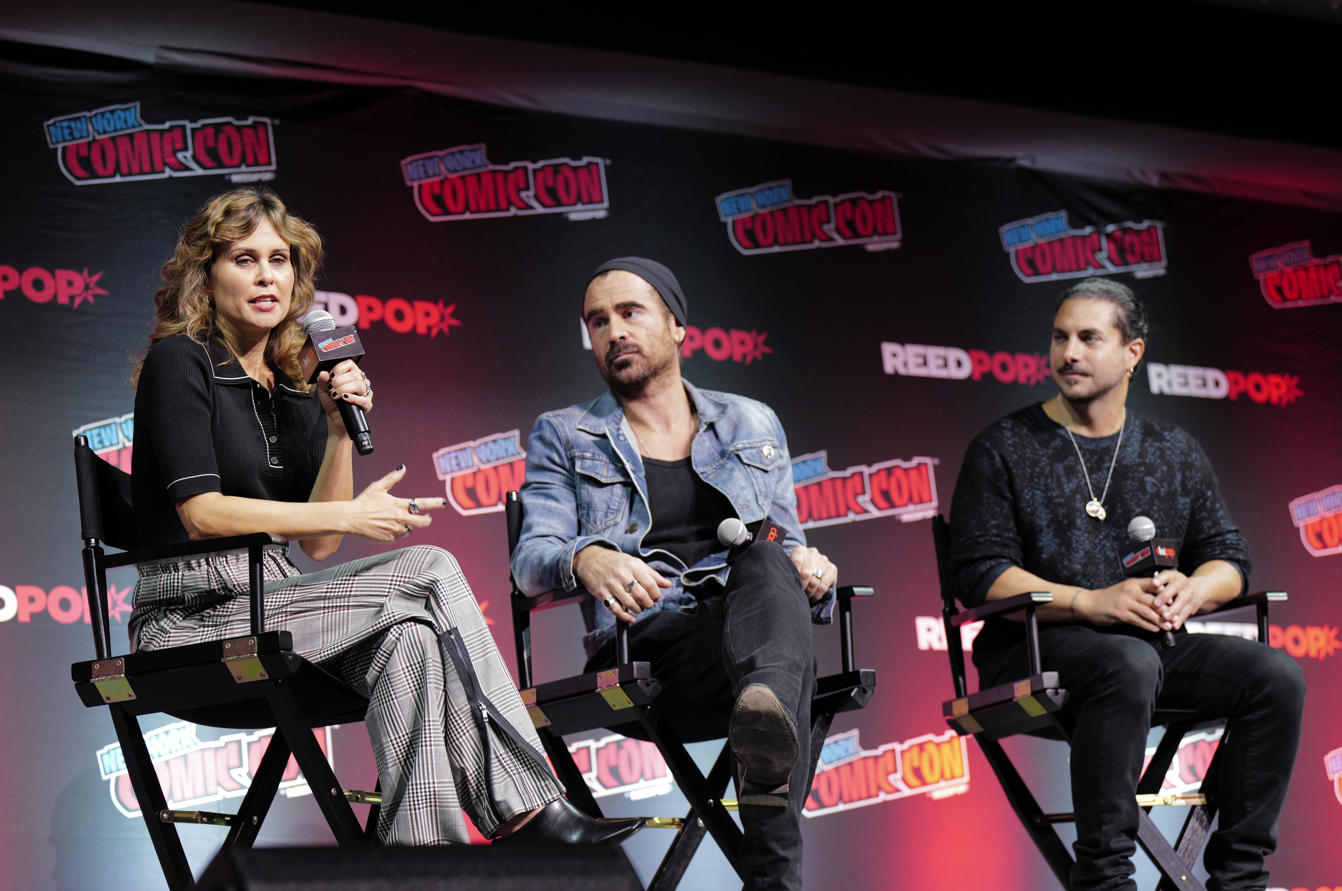 NEW YORK, NEW YORK - OCTOBER 17: (L-R) Lauren LeFranc, Colin Farrell and Mike Marino speak onstage during HBO’s THE PENGUIN: Extended Sneak Peek and Conversations with Colin Farrell, Cast and Creatives during New York Comic Con 2024 at The Jacob K. Javits Convention Center on October 17, 2024 in New York City. (Photo by Craig Barritt/Getty Images for ReedPop)