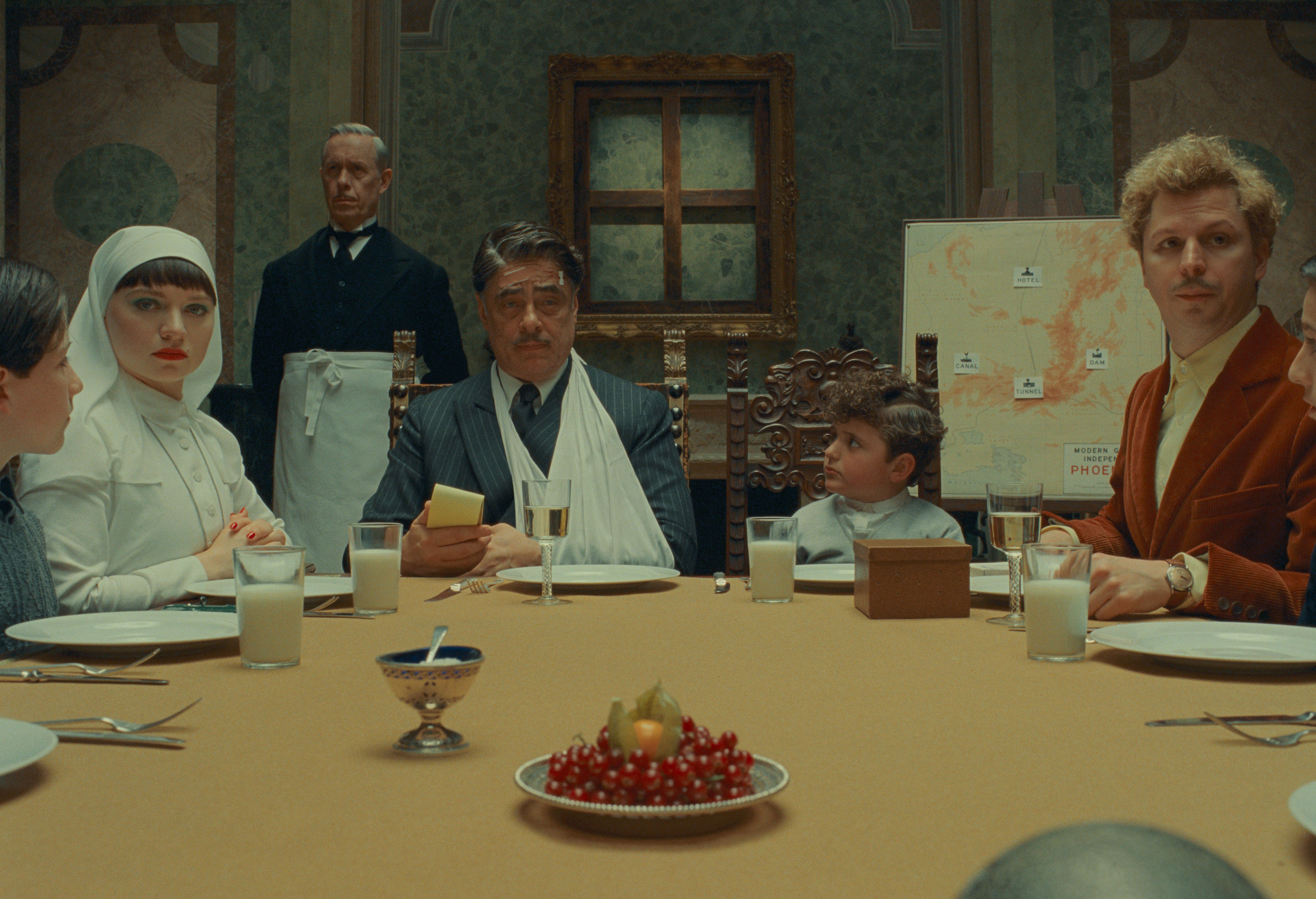 (L to R) Mia Threapleton as Liesl, Benicio Del Toro as Zsa-Zsa Korda and Michael Cera as Bjorn in director Wes Anderson's THE PHOENICIAN SCHEME, a Focus Features release. Credit: Courtesy of TPS Productions/Focus Features © 2025 All Rights Reserved.