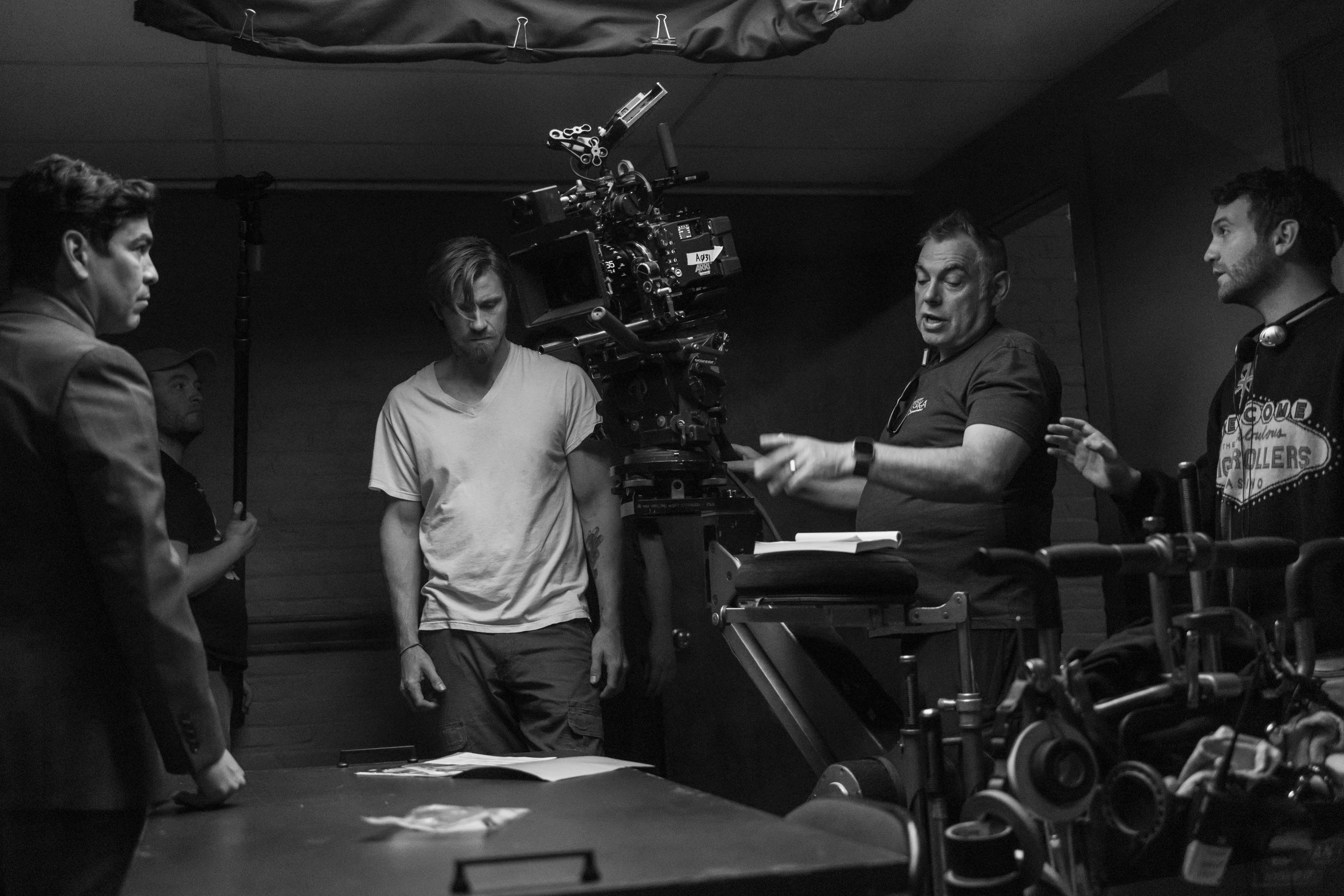 Raúl Castillo, Garrett Hedlund, and Evan Ari Kelman on set of 'Barron's Cove'
