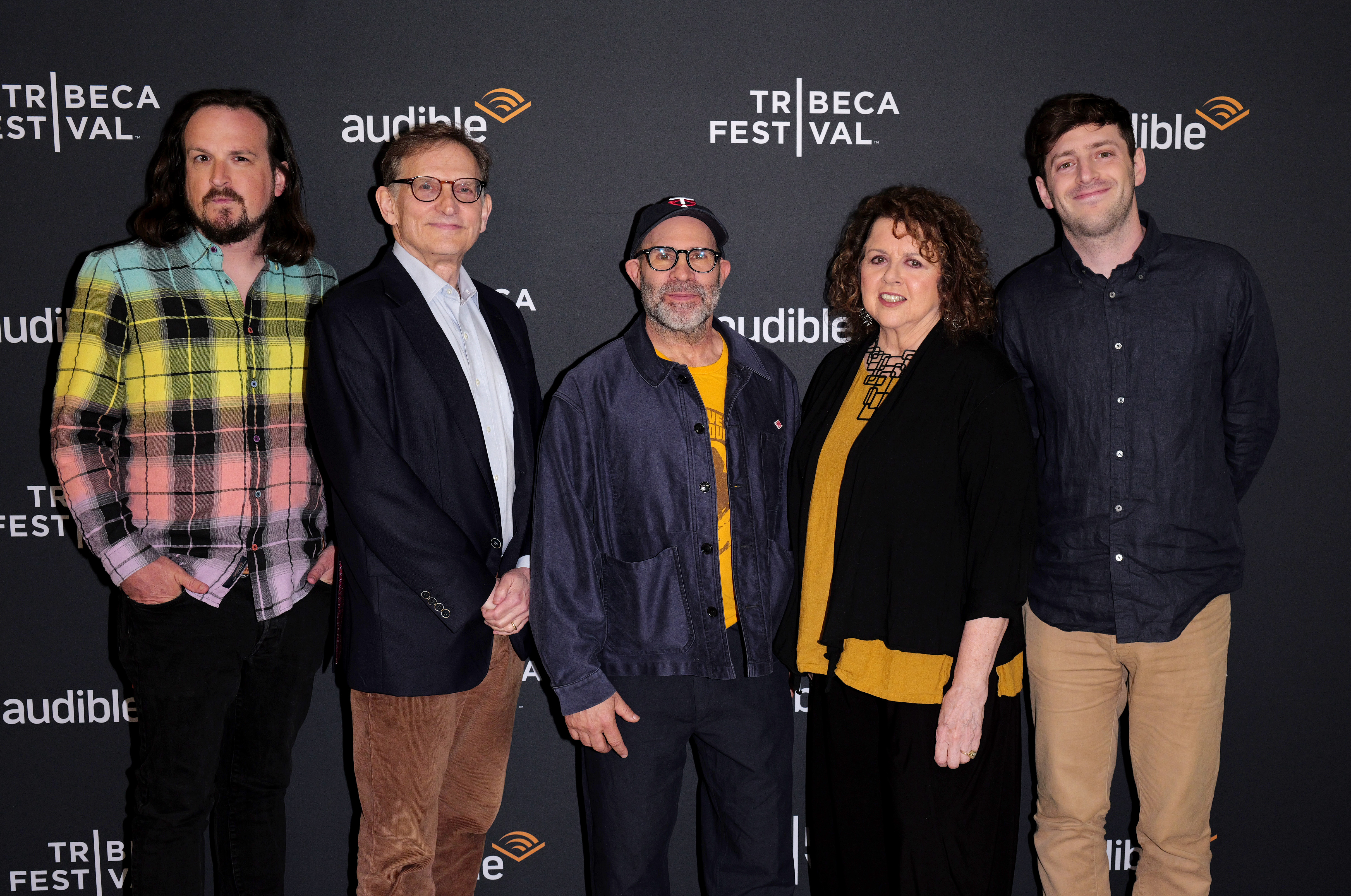 NEW YORK, NEW YORK - JUNE 11: (L-R) Brian Merchant, Dr. Ian Lipkin, Scott Z. Burns, Laurie Garrett, and Alex Edelman attend the World Premiere of Audible Original "What Could Go Wrong?" at Tribeca Festival on June 11, 2025 in New York City. (Photo by Craig Barritt/Getty Images for Audible)