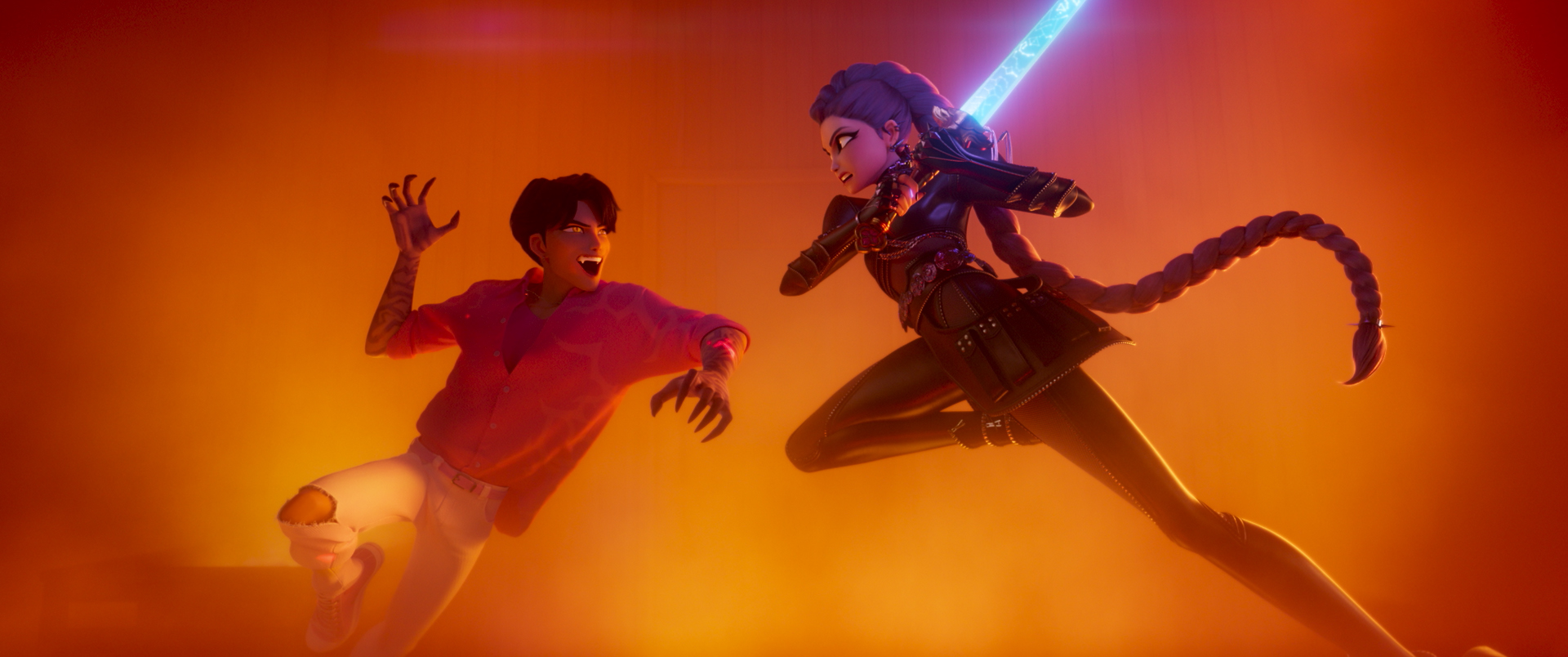 KPOP DEMON HUNTERS - (L-R) Jinu (voice by AHN HYO-SEOP) and Rumi (voice by ARDEN CHO). ©2025 Netflix