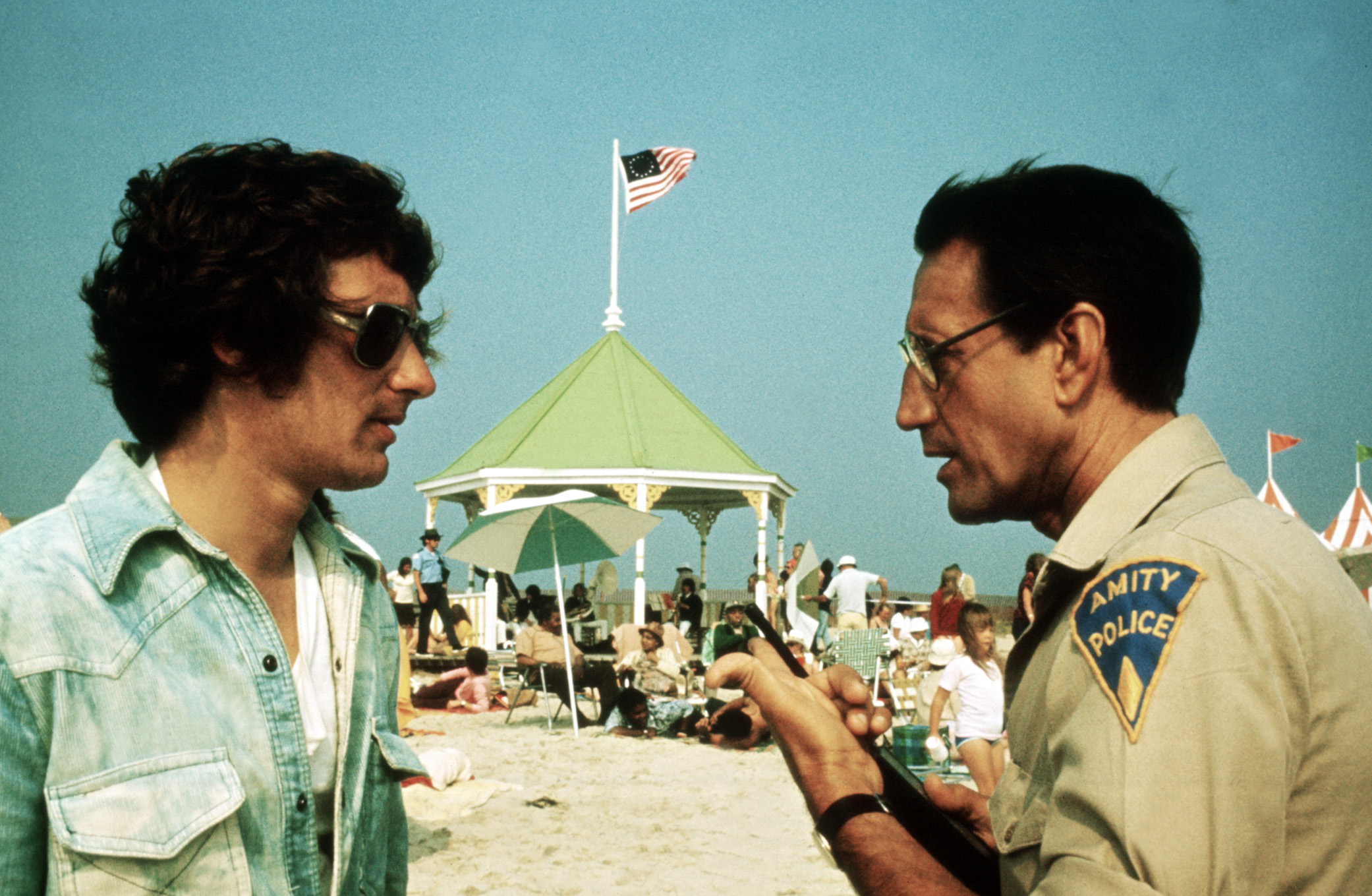 Director Steven Spielberg and Roy Scheider on the set of 'Jaws,' 1975