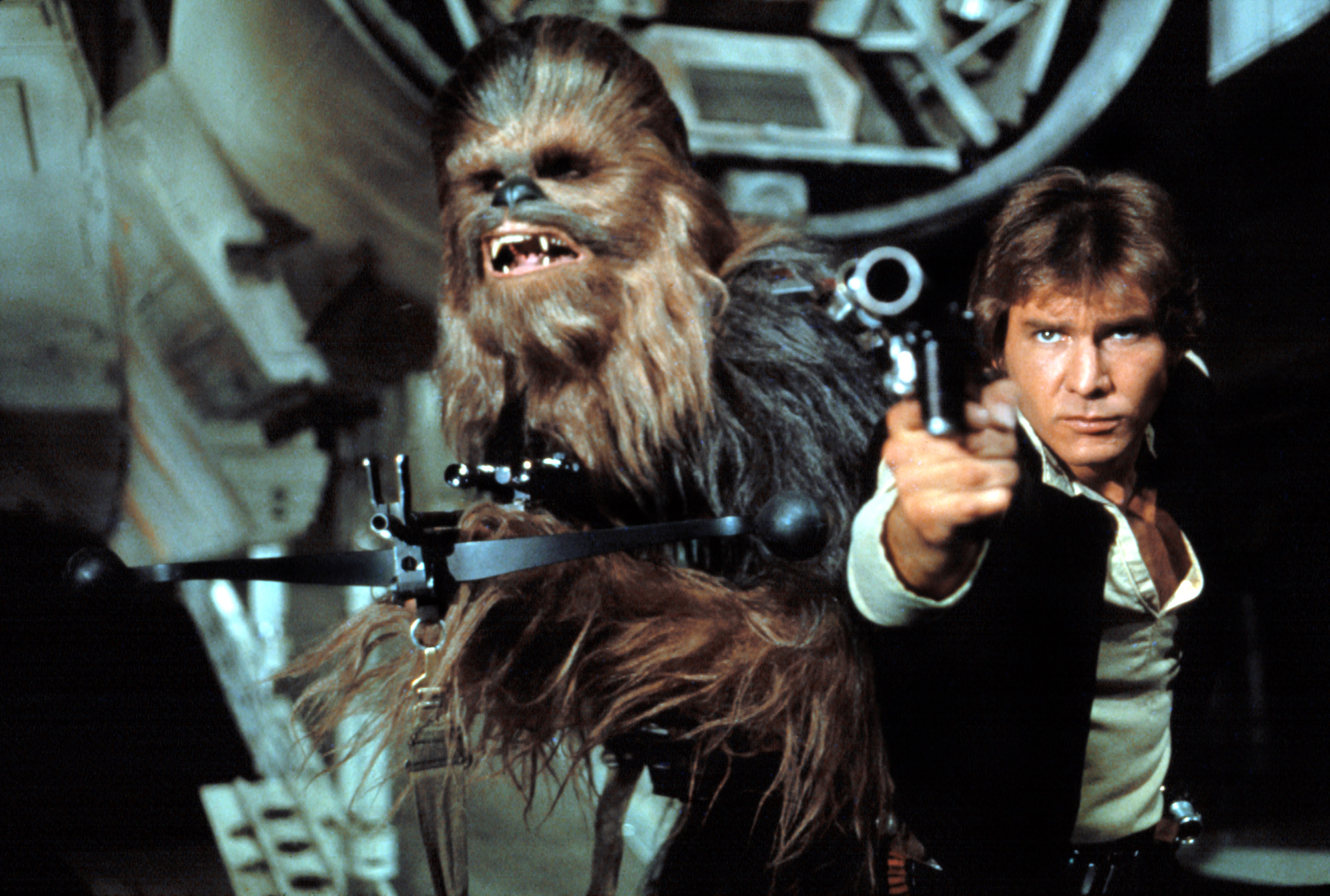 Chewbacca and Han Solo (Harrison Ford) in "Star Wars."