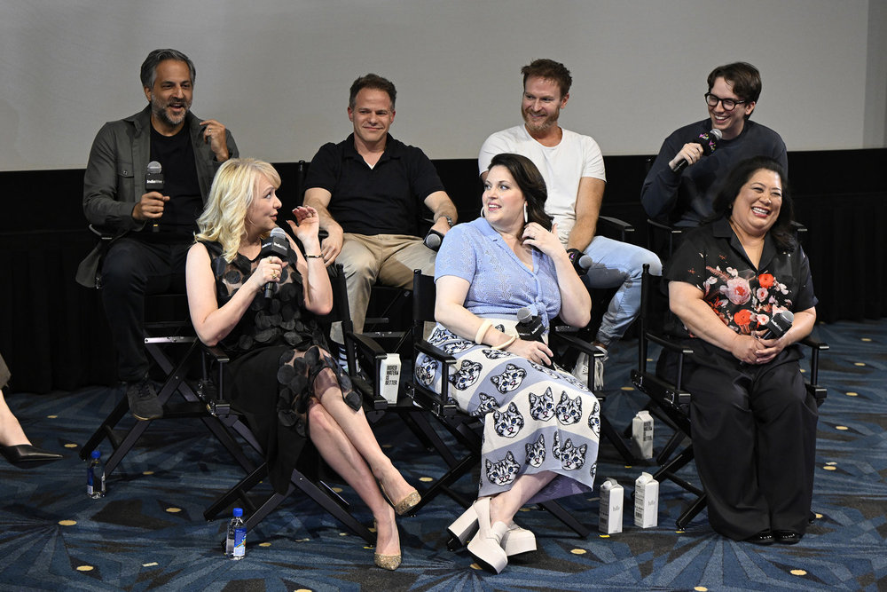 NBCUNIVERSAL EVENTS -- “St. Denis Medical FYC Event 2025” -- Pictured: (l-r) Front Row: Wendi McLendon-Covey, Allison Tolman, Kaliko Kauahi; Back Row: Eric Ledgin, Co-Creator / Showrunner / Writer; Justin Spitzer, Co-Creator / Writer; Josh Lawson, Mekki Leeper at Vidiots in Eagle Rock, CA on May 29, 2025 -- (Photo by: Griffin Nagel/NBC)