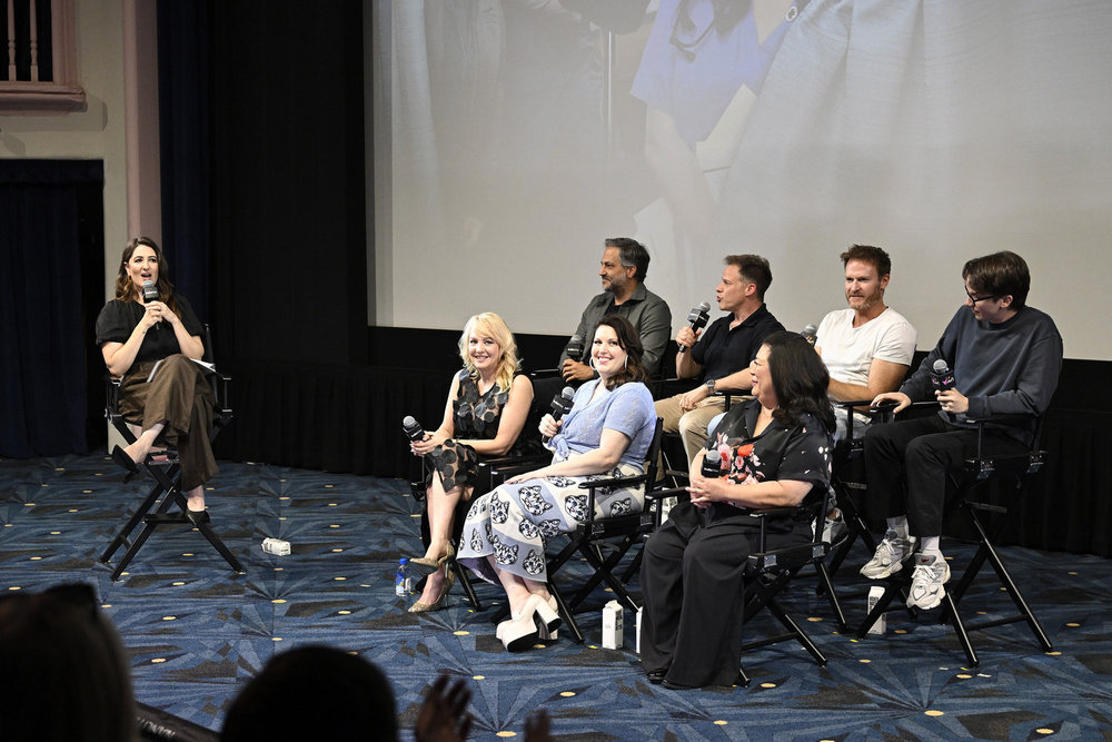 NBCUNIVERSAL EVENTS -- “St. Denis Medical FYC Event 2025” -- Pictured: (l-r) D’Arcy Carden, Moderator; Front Row: Wendi McLendon-Covey, Allison Tolman, Kaliko Kauahi; Back Row: Eric Ledgin, Co-Creator / Showrunner / Writer; Justin Spitzer, Co-Creator / Writer; Josh Lawson, Mekki Leeper at Vidiots in Eagle Rock, CA on May 29, 2025 -- (Photo by: Griffin Nagel/NBC)