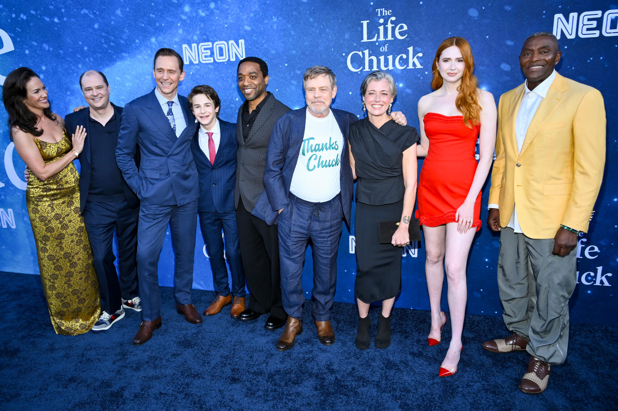 Kate Siegel, Mike Flanagan, Tom Hiddleston, Chiwetel Ejiofor, Mark Hamill, Mia Sara, Karen Gillan, Carl Lumbly at "The Life of Chuck" Red Carpet Premiere held at the Hollywood Legion Theater on June 02, 2025 in Los Angeles, California.