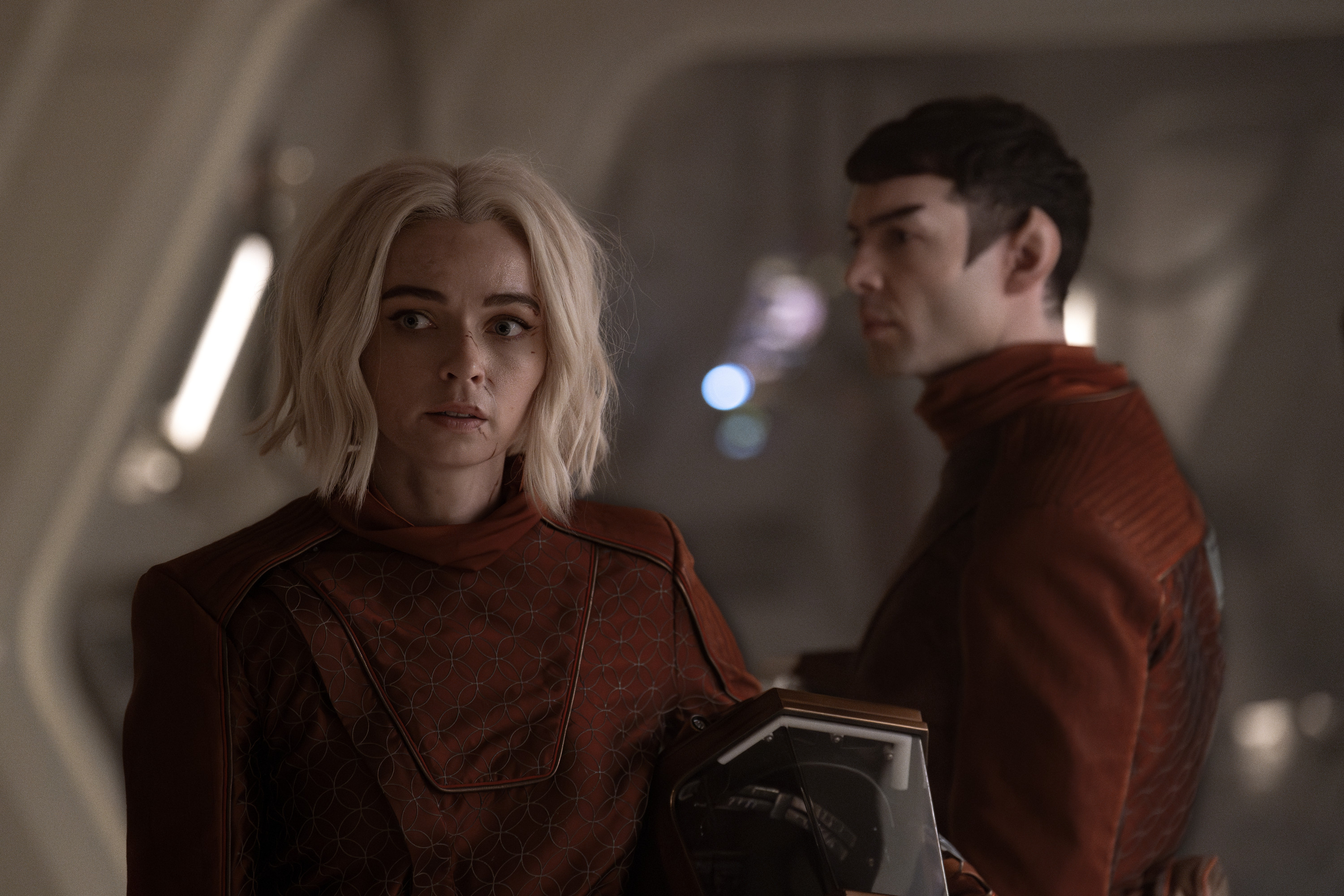L to R Jess Bush as Chapel and Ethan Peck as Spock in season 3 , Episode 1 of Strange New Worlds streaming on Paramount+. Photo Credit: Marni GrossmanParamount+