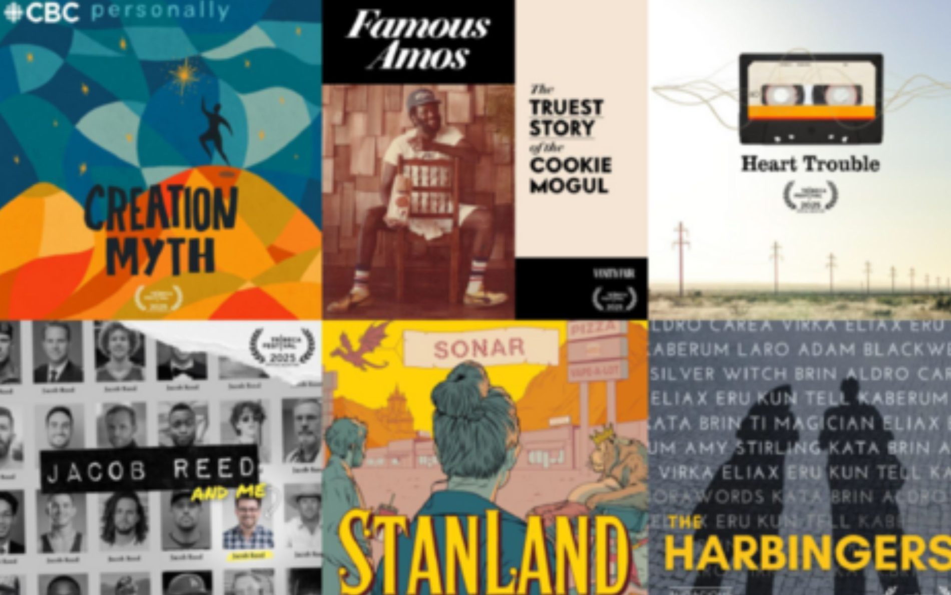 A collage of six podcast logos from the Tribeca Official Selections list.