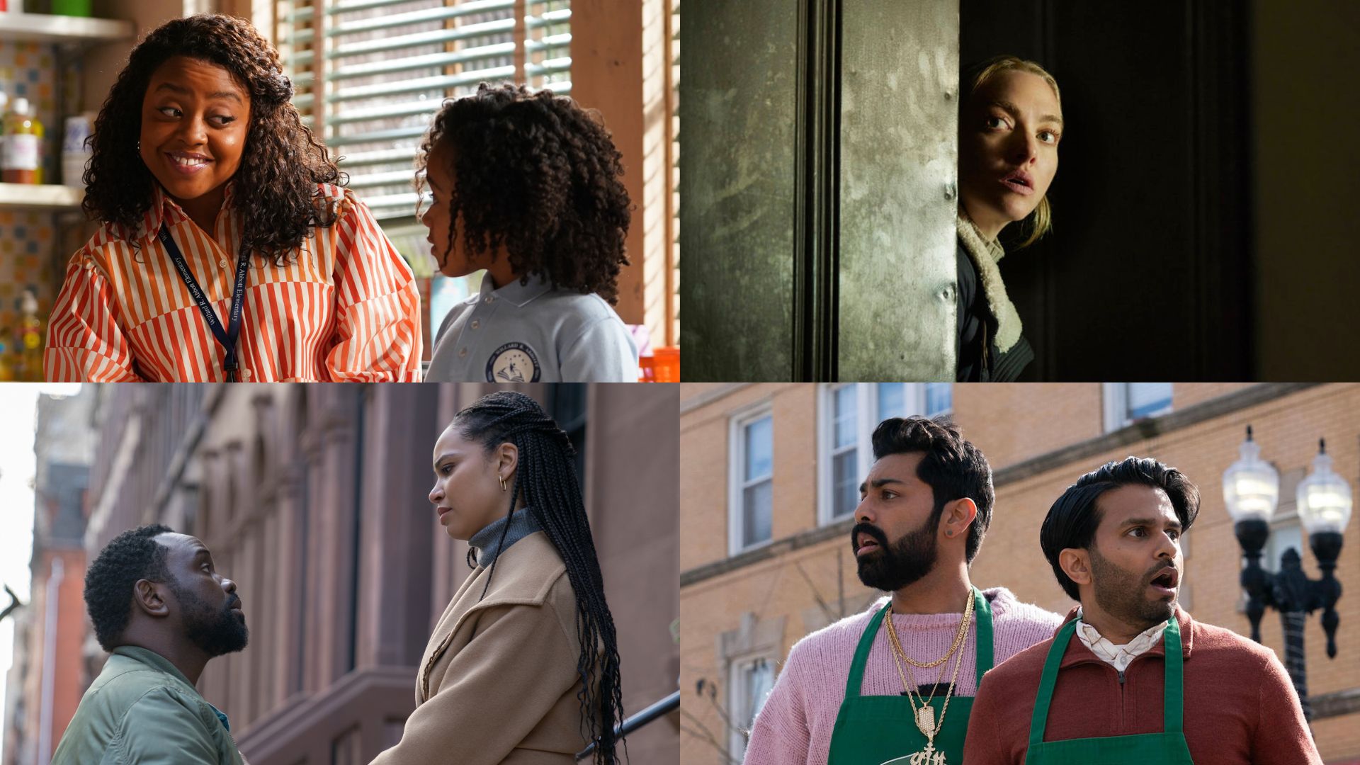 A grid of stills from 'Abbott Elementary,' 'Long Bright River,' 'Dope Thief,' and 'Deli Boys'