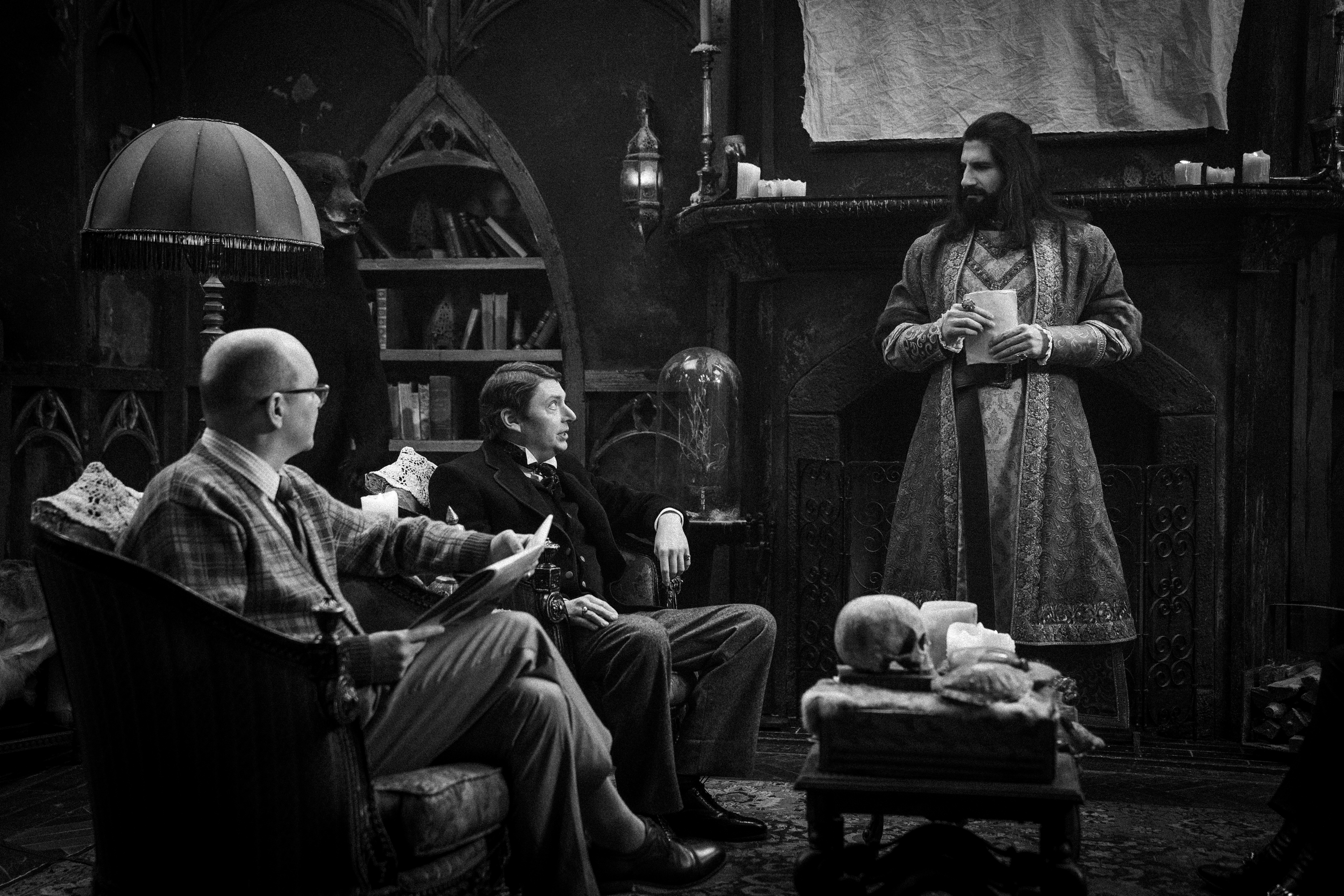 “WHAT WE DO IN THE SHADOWS” -- “The Finale” -- Season 6, Episode 11 (Airs Dec 16) — Pictured (L-R): Mark Proksch as Colin Robinson, Michael Patrick O'Brien as Jerry, Kayvan Novak as Nandor. CR: Russ Martin/FX