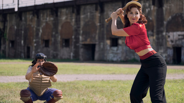 Greta waiting for a pitch in A League of Their Own