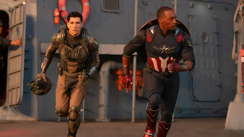 Falcon and Captain America run in "Captain America: Brave New World" (2025)