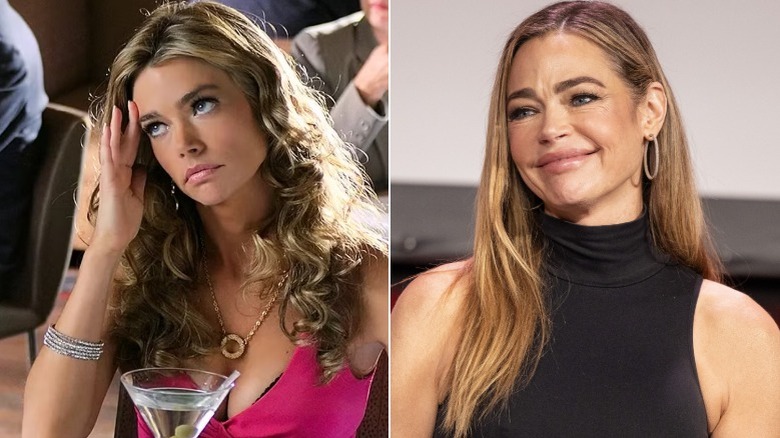Debra Daniels next to Denise Richards in black dress sitting and smiling
