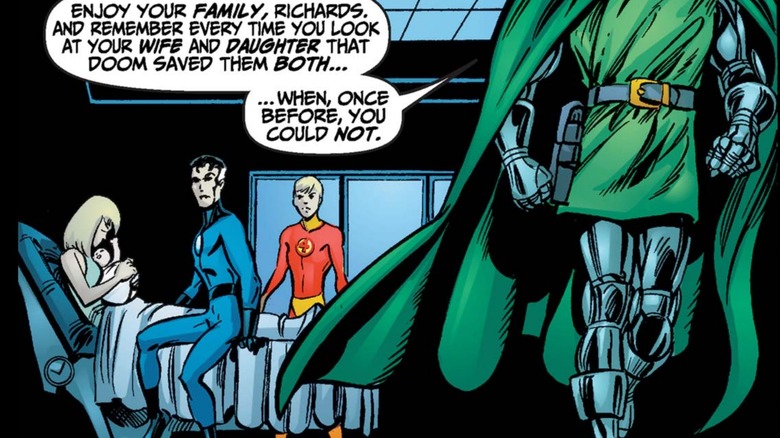 Doctor Doom leaving Sue, Reed, Valeria, and Franklin at hospital bed