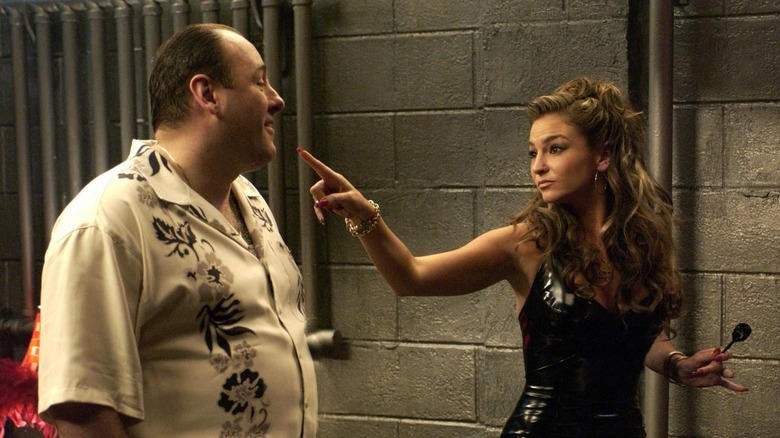 Tony Soprano and Adriana La Cerva talk in a hallway in "Irregular Around the Margins"