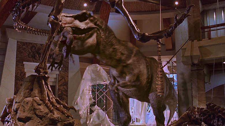 T-Rex chomping on a velociraptor in Jurassic Park