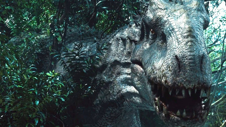 Indominus rex hiding in the trees in Jurassic World