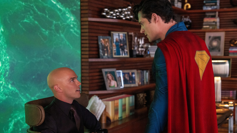 Superman confronts Lex Luthor in his office in "Superman" (2025)