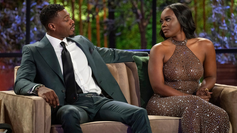 Clay and Amber talking during a "Love is Blind" reunion