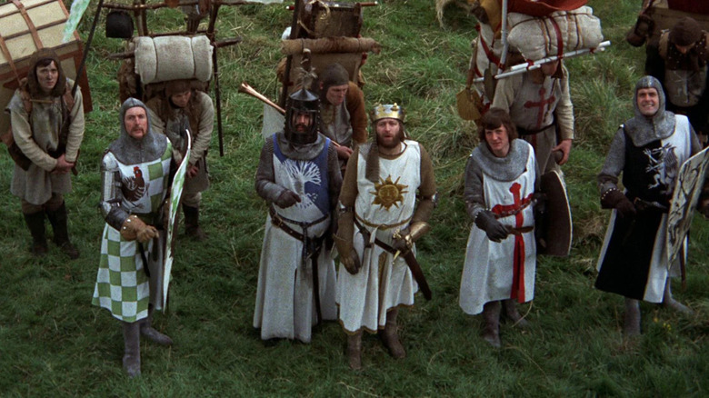 King Arthur and his knights look upward in "Monty Python and the Holy Grail" (1975)