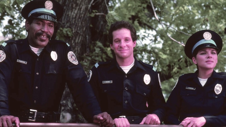 Hightower, Mahoney, and Thompson in uniform in "Police Academy"