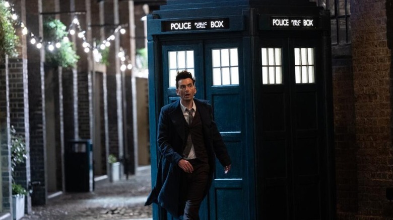 The Doctor exits the TARDIS in "Doctor Who"