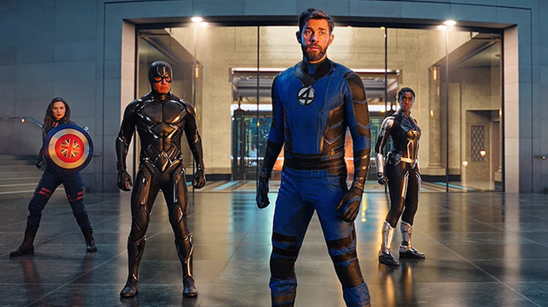 Captain Carter, Black Bolt, Reed Richards, and Captain Marvel facing off against Wanda Maximoff in Doctor Strange in the Multiverse of Madness (2022)