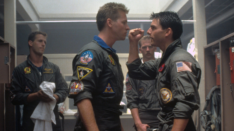 U.S. Naval aviators Iceman (Val Kilmer) and Maverick (Tom Cruise) having an argument in the locker room