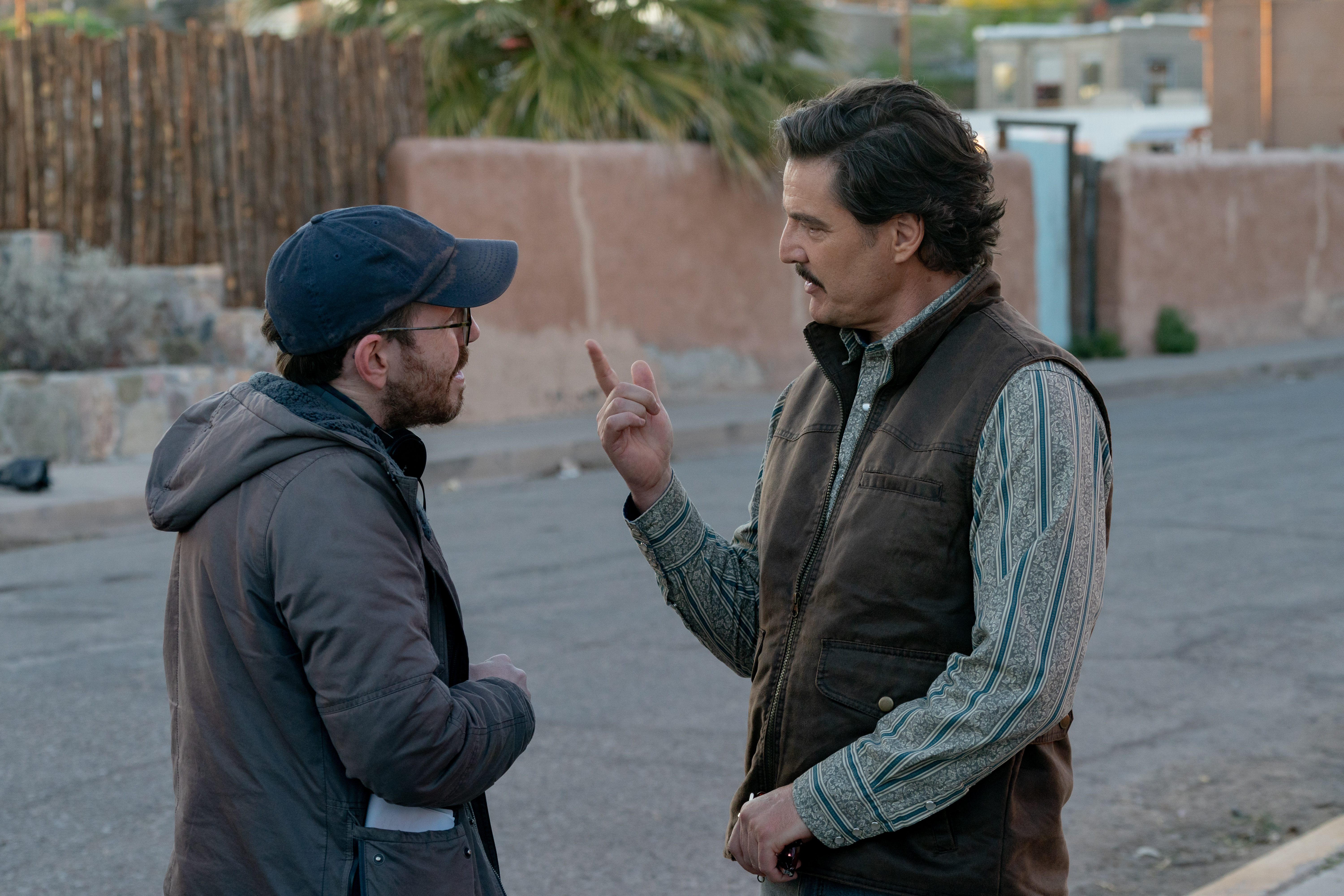 Ari Aster and Pedro Pascal on the set of 'Eddington'