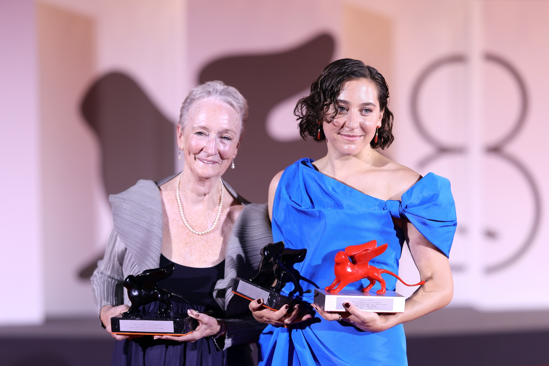 VENICE, ITALY - SEPTEMBER 07: Kathleen Chalfant and Sarah Friedland pose with their awards during the 81st Venice International Film Festival at Palazzo del Cinema on September 07, 2024 in Venice, Italy. (Photo by Andreas Rentz/Getty Images)