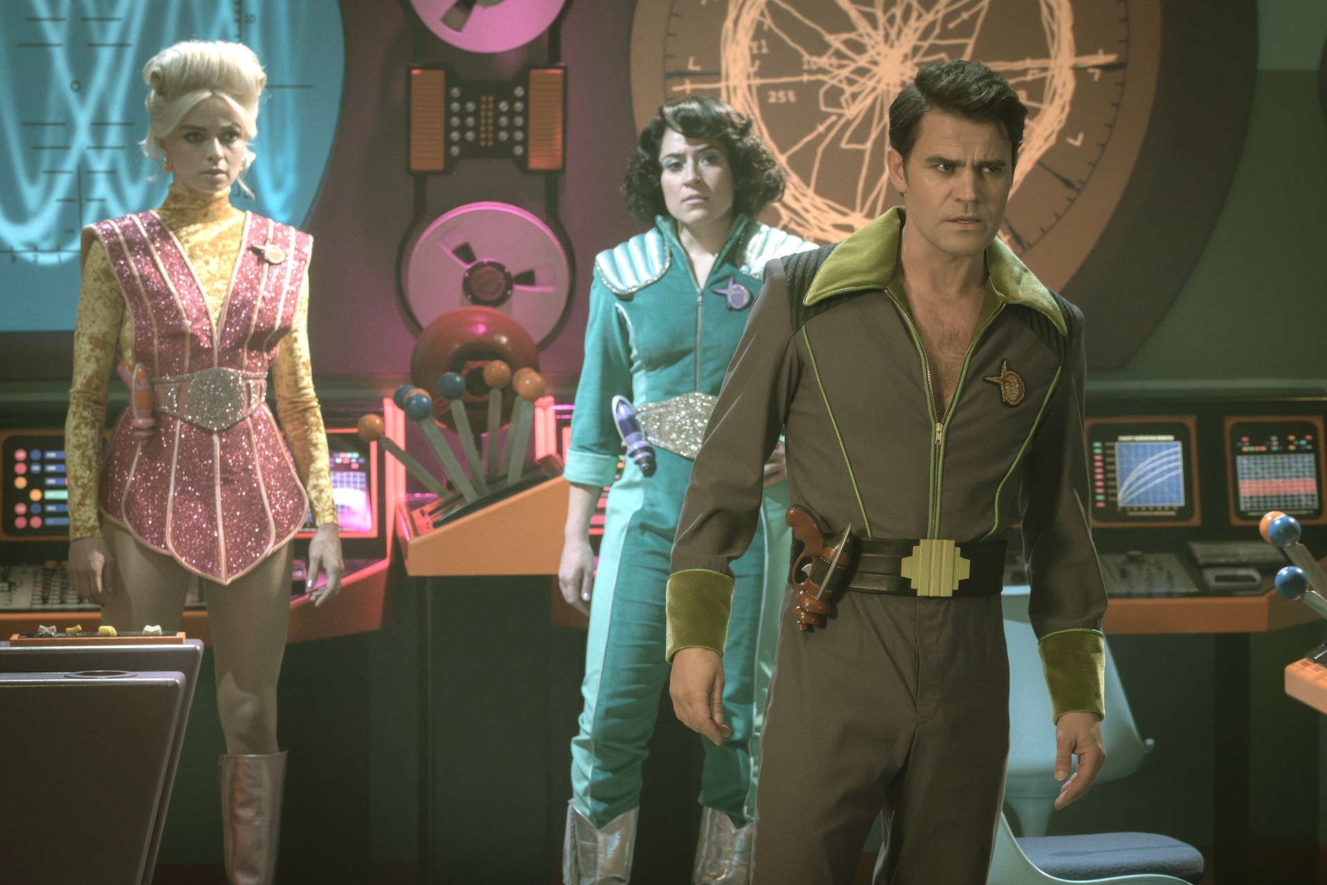L to R Jess Bush as Chapel, Melissa Navia as Erica Ortegas and Paul Wesley as Kirk in season 3 , Episode 4 of Strange New Worlds streaming on Paramount+. Photo Credit: Marni GrossmanParamount+