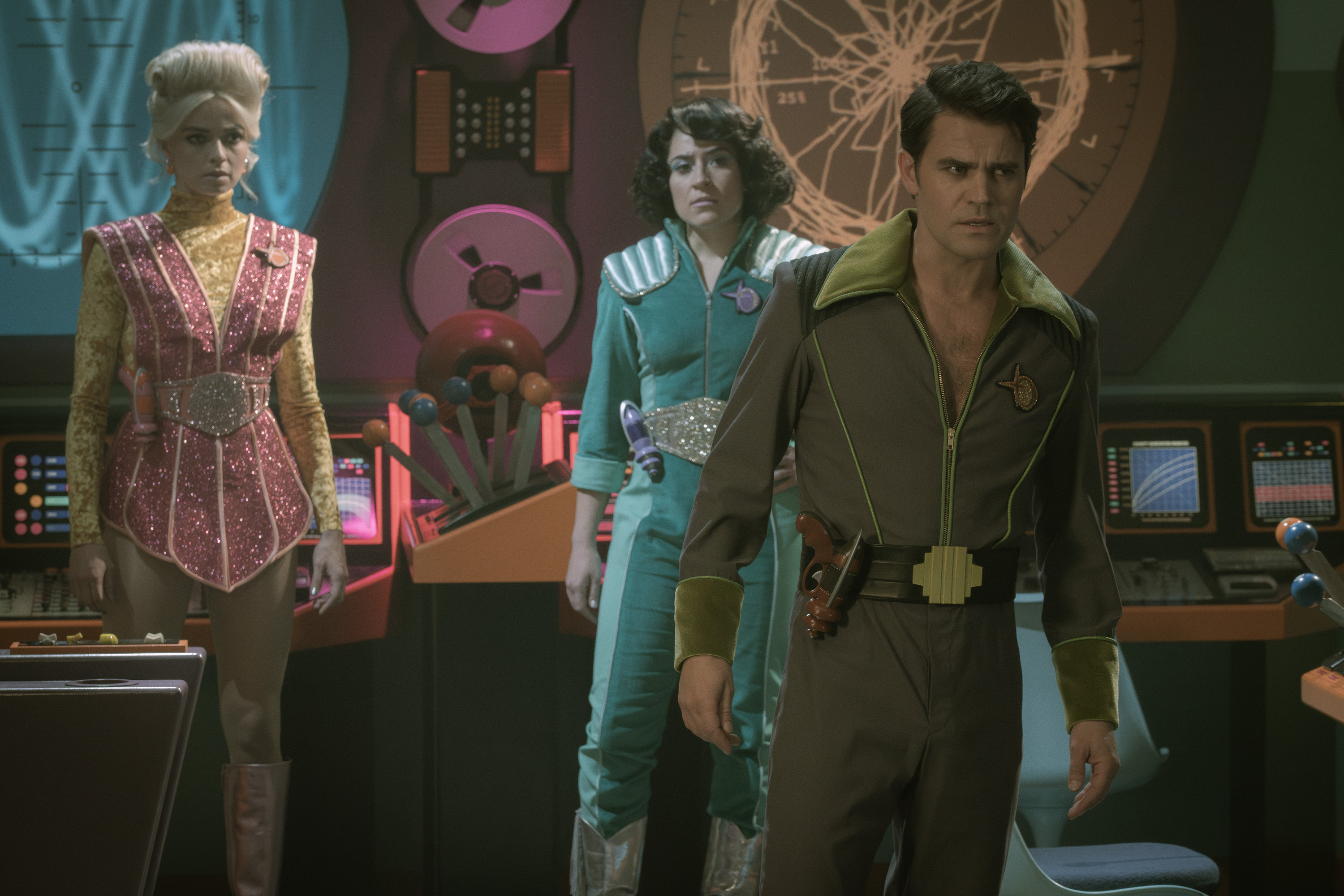 L to R Jess Bush as Chapel, Melissa Navia as Erica Ortegas and Paul Wesley as Kirk in season 3 , Episode 4 of Strange New Worlds streaming on Paramount+. Photo Credit: Marni GrossmanParamount+