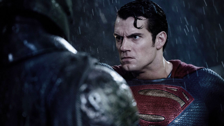 Superman scowls at Batman in Batman v Superman: Dawn of Justice (2016)