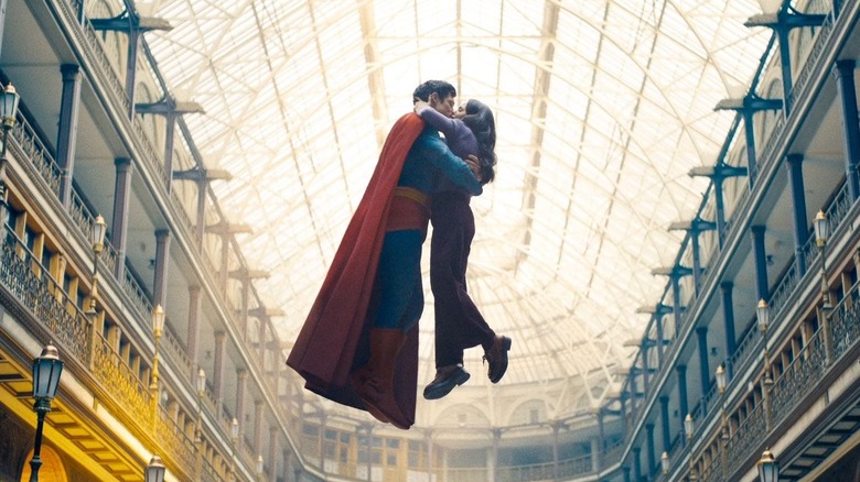 Superman and Lois kiss while floating in the air in Superman (2025)