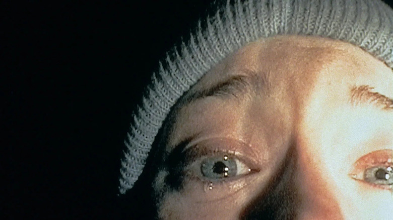 A close-up of Heather's tear-filled eyes in "The Blair Witch Project" (1999)