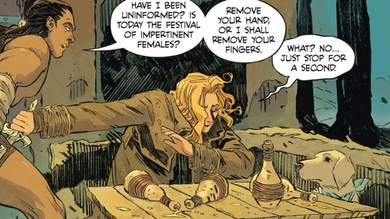 Supergirl sits drunkenly at a tavern table with Krypto and pushing away a warrior in "Supergirl: Woman of Tomorrow" #1